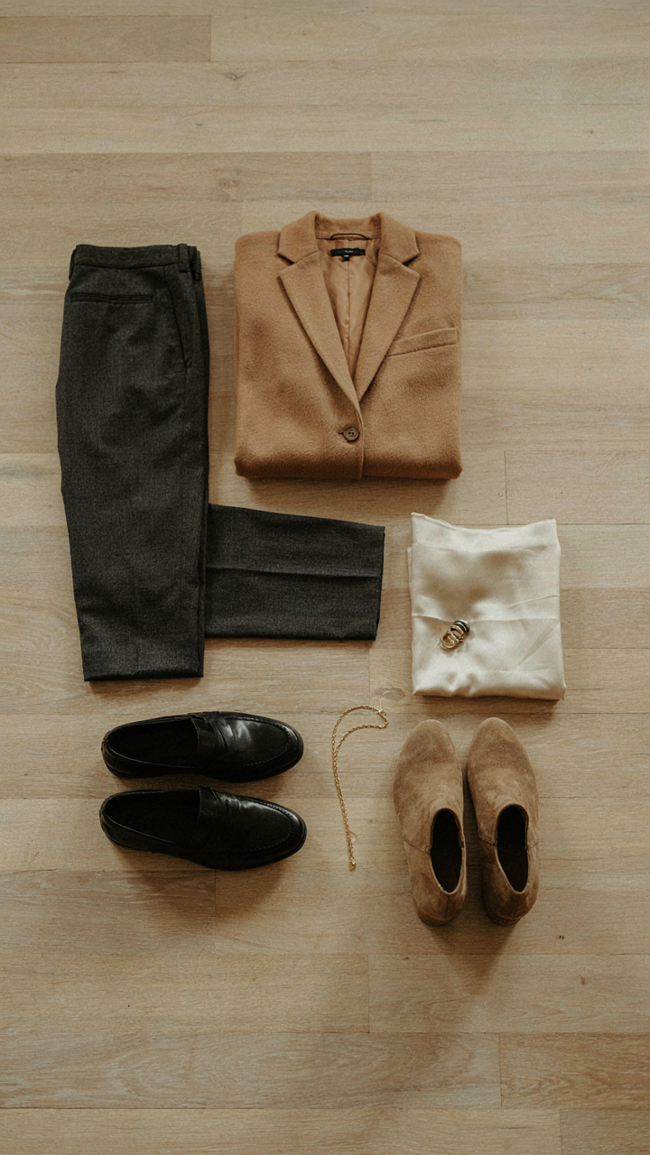 A well-organized capsule wardrobe with versatile upscale casual clothing and accessories.