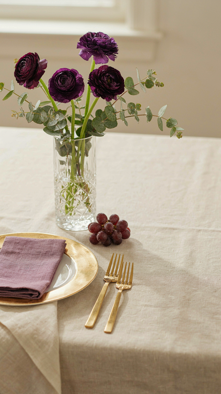 A beautifully arranged table setting with purple and gold decor.
