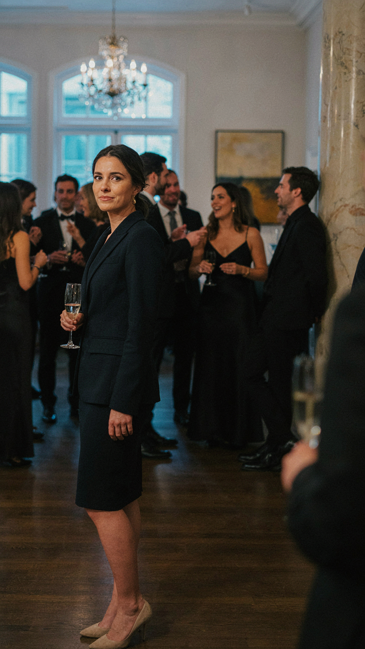 Woman in a navy blazer dress stands out among guests wearing black attire.