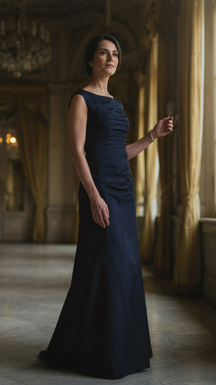 A deep navy blue formal dress with ruching under warm lighting.