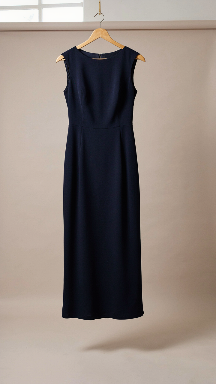 A structured navy blue midi cocktail dress made of matte crepe hangs.