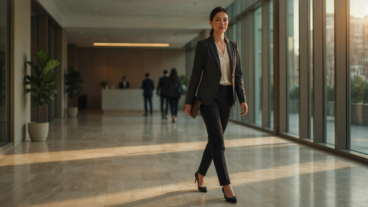 A woman in a stylish blazer walks confidently in a modern lobby, embodying networking event outfit