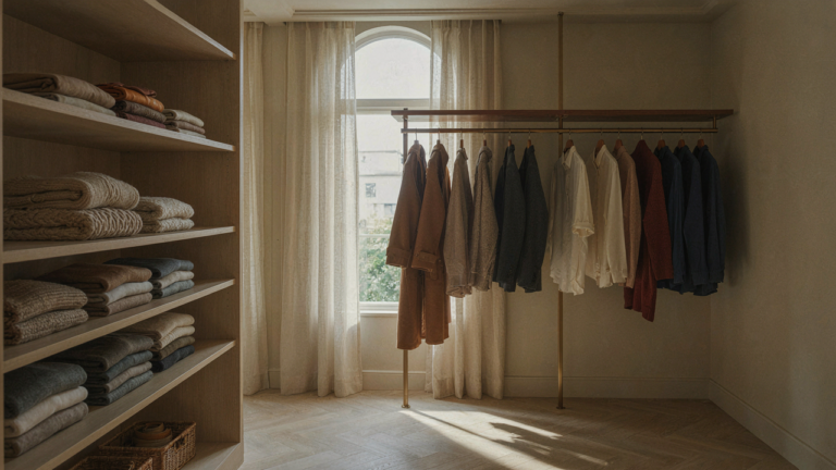 Neutral clothing items, folded and hung, creating a curated capsule wardrobe color palette.