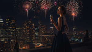 Woman in an elegant gown on a rooftop at midnight with fireworks over the city.