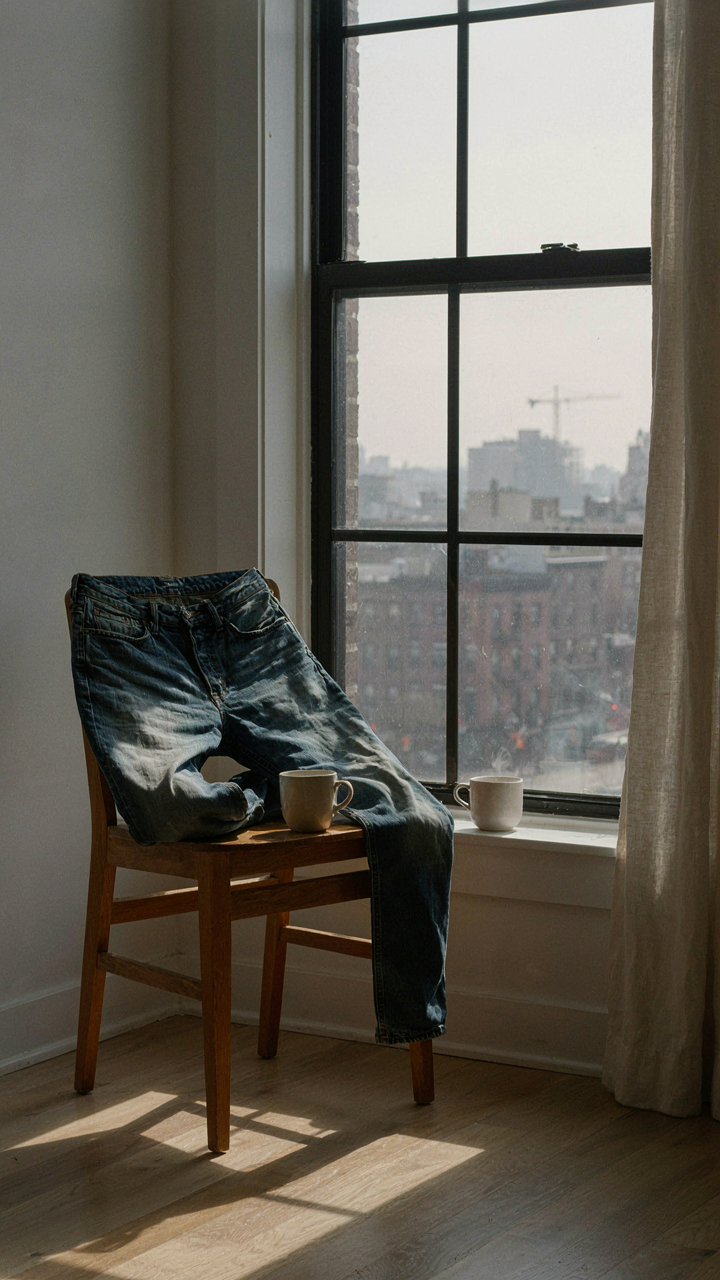 A pair of favorite, well-worn jeans sits on a wooden chair by a window.