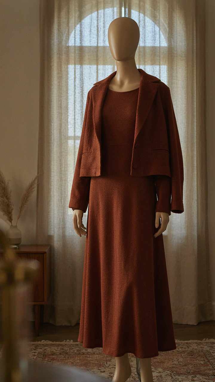 A rust-colored merino wool dress and matching jacket on a mannequin in a hotel suite.