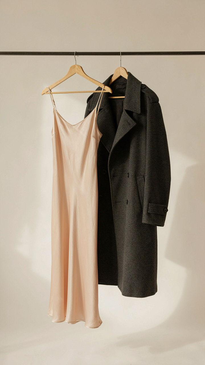 A silk dress next to a warm wool coat on a clothing rack.