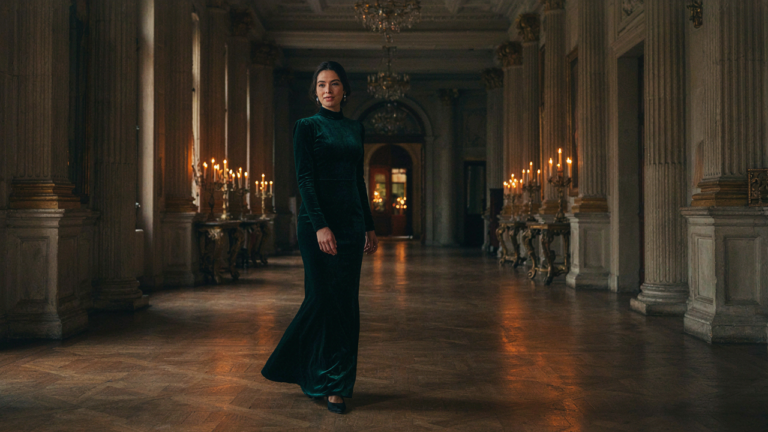 A woman in a dark emerald velvet dress walks through a grand, candlelit hallway.
