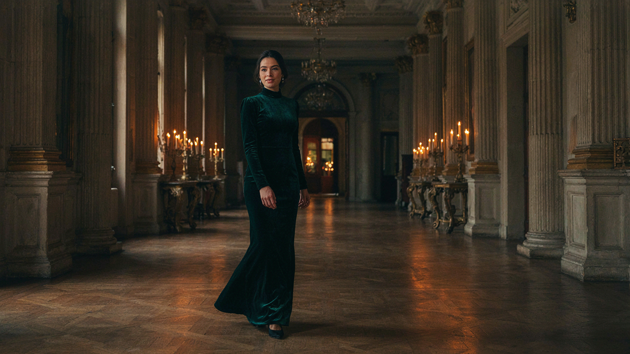 A woman in a dark emerald velvet dress walks through a grand, candlelit hallway.