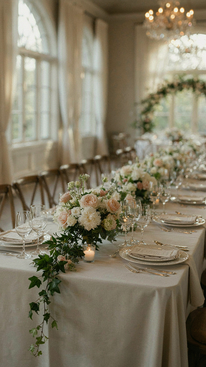 An elegantly set table at a formal wedding reception with soft lighting.