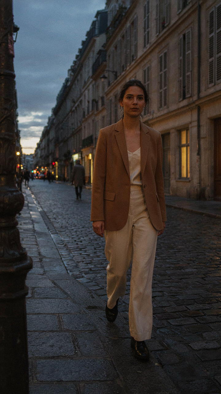 Woman walking confidently in wide leg pants and a structured blazer.