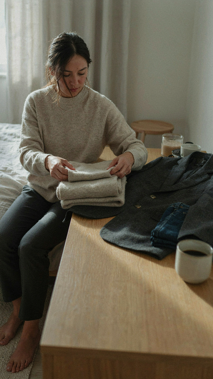 A woman folds a cashmere cardigan, next to a structured blazer.