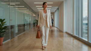 A professional woman in a tailored summer office outfit walks confidently through an office.