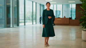 A woman in an emerald midi dress and blazer stands in an office lobby.