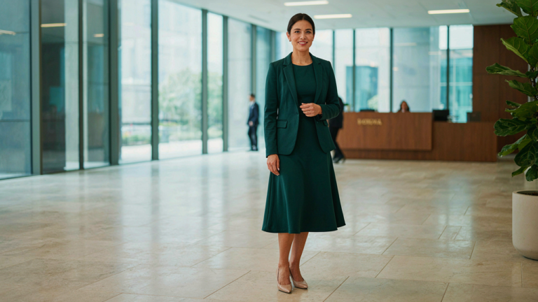 A woman in an emerald midi dress and blazer stands in an office lobby.