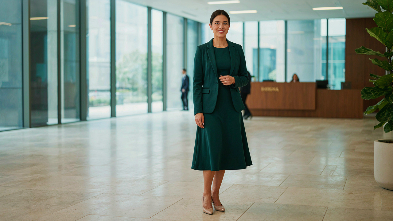 A woman in an emerald midi dress and blazer stands in an office lobby.