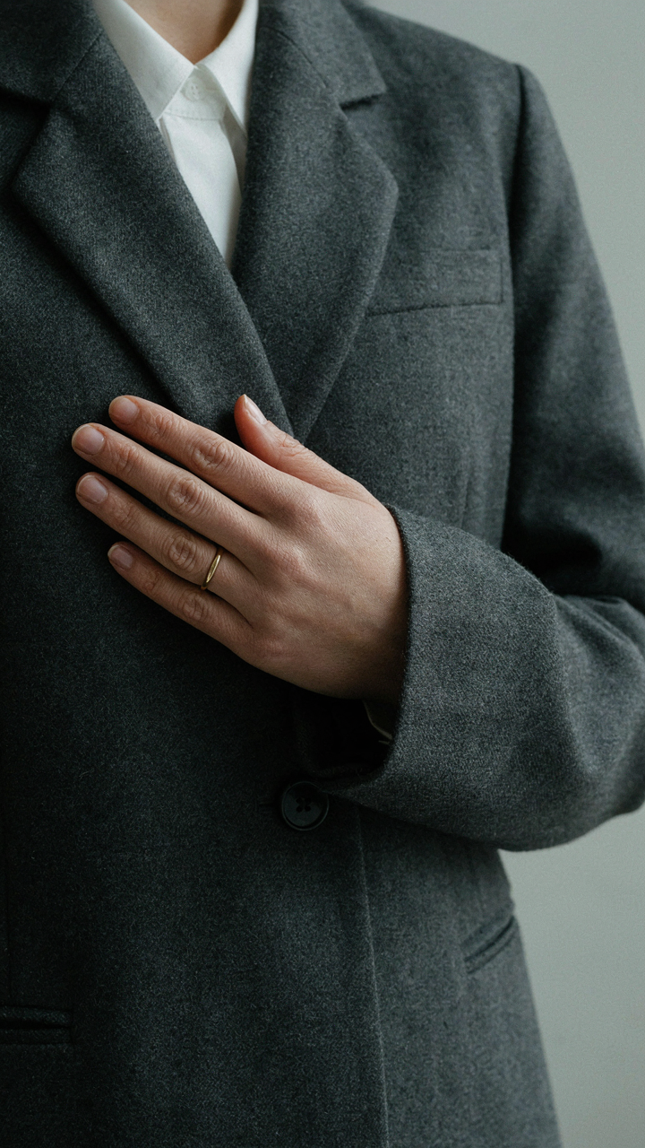 A close up of a woman's hand on a soft, high-quality wool blazer.