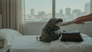 An open travel backpack on a bed with neatly folded clothes for a one bag travel wardrobe.