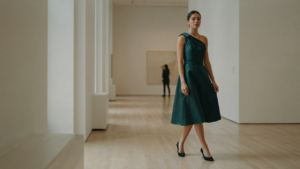 Woman in a striking one shoulder cocktail dress confidently walking in an art gallery.