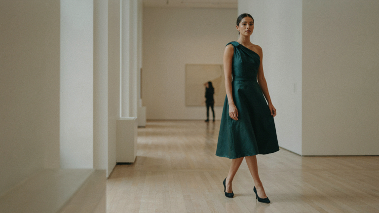 Woman in a striking one shoulder cocktail dress confidently walking in an art gallery.