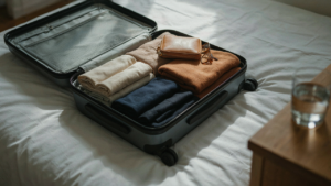 An open suitcase on a bed holds a neatly folded one week carry on capsule wardrobe.