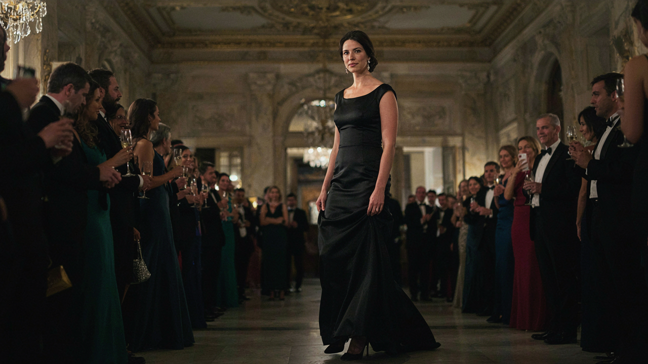 An elegant woman in a black gown walks into a grand opera house.