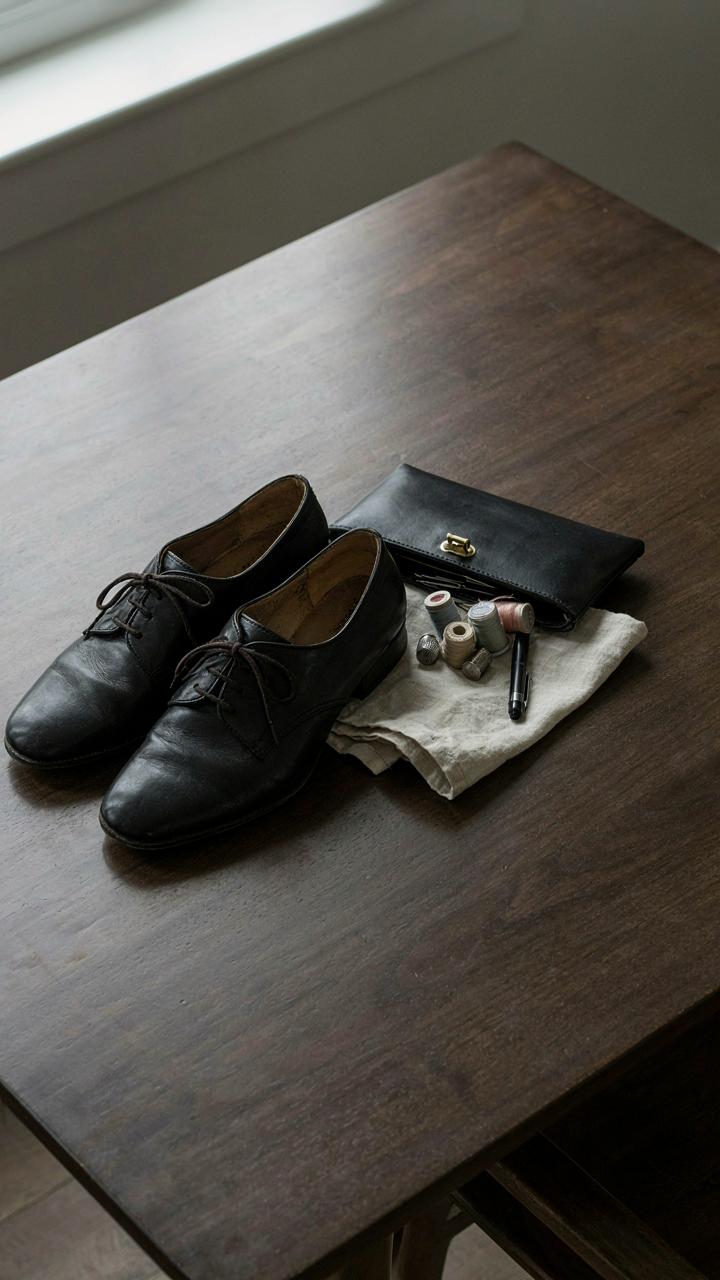 A pair of elegant black leather shoes next to a clutch with a sewing kit.