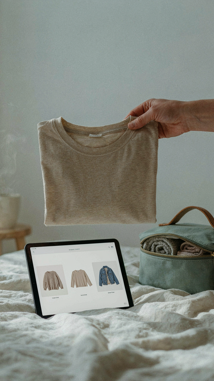 A hand points to a tablet showing three outfits made from one neutral long-sleeve shirt.