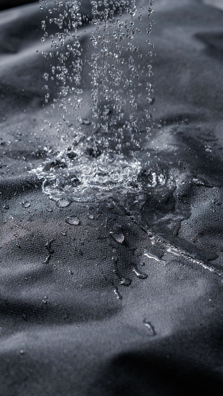 Water droplets beading and shedding off a waterproof jacket fabric.