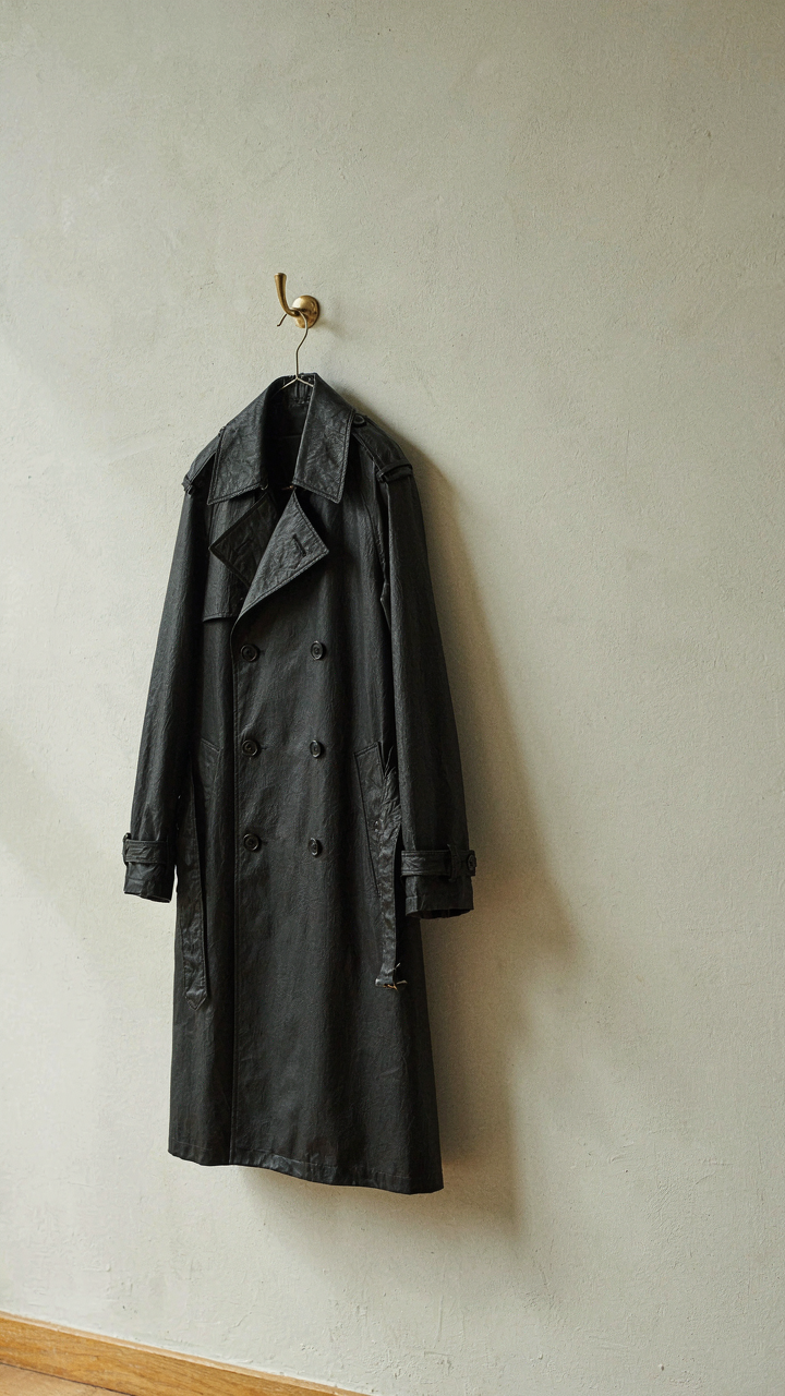 A dark, lightweight, DWR-finished rain trench coat hangs on a hook.
