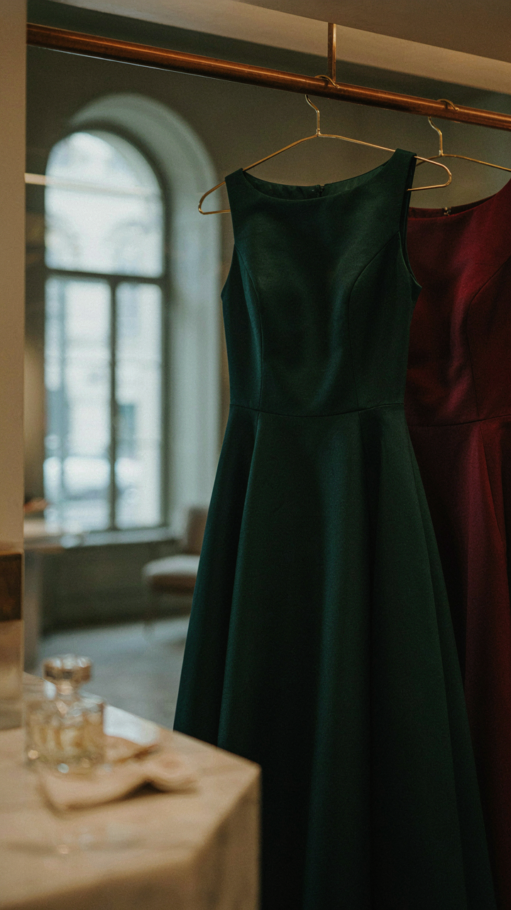 A sophisticated deep jewel-toned new years eve cocktail dress.