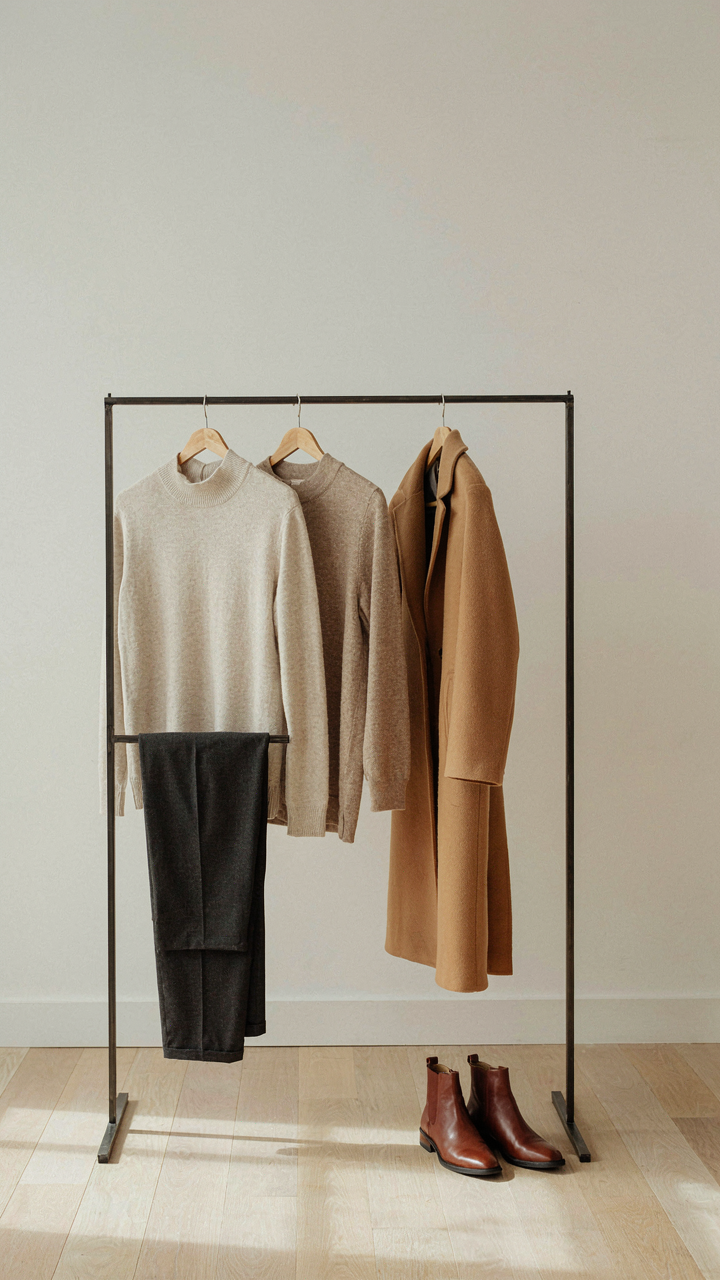 A minimalist winter capsule wardrobe featuring a few essential, high-quality items.