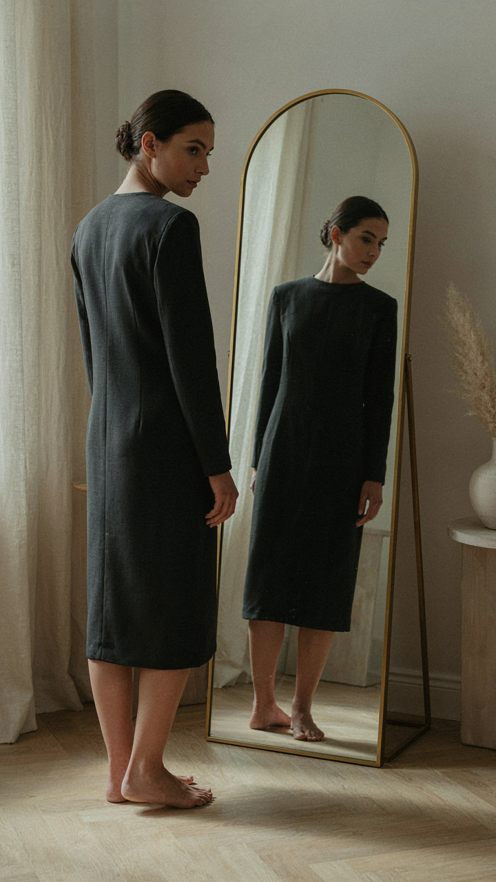 Woman in a column dress confidently observing her reflection.
