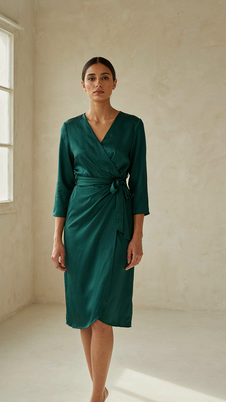 A woman with confident posture stands in a flattering wrap cocktail dress.