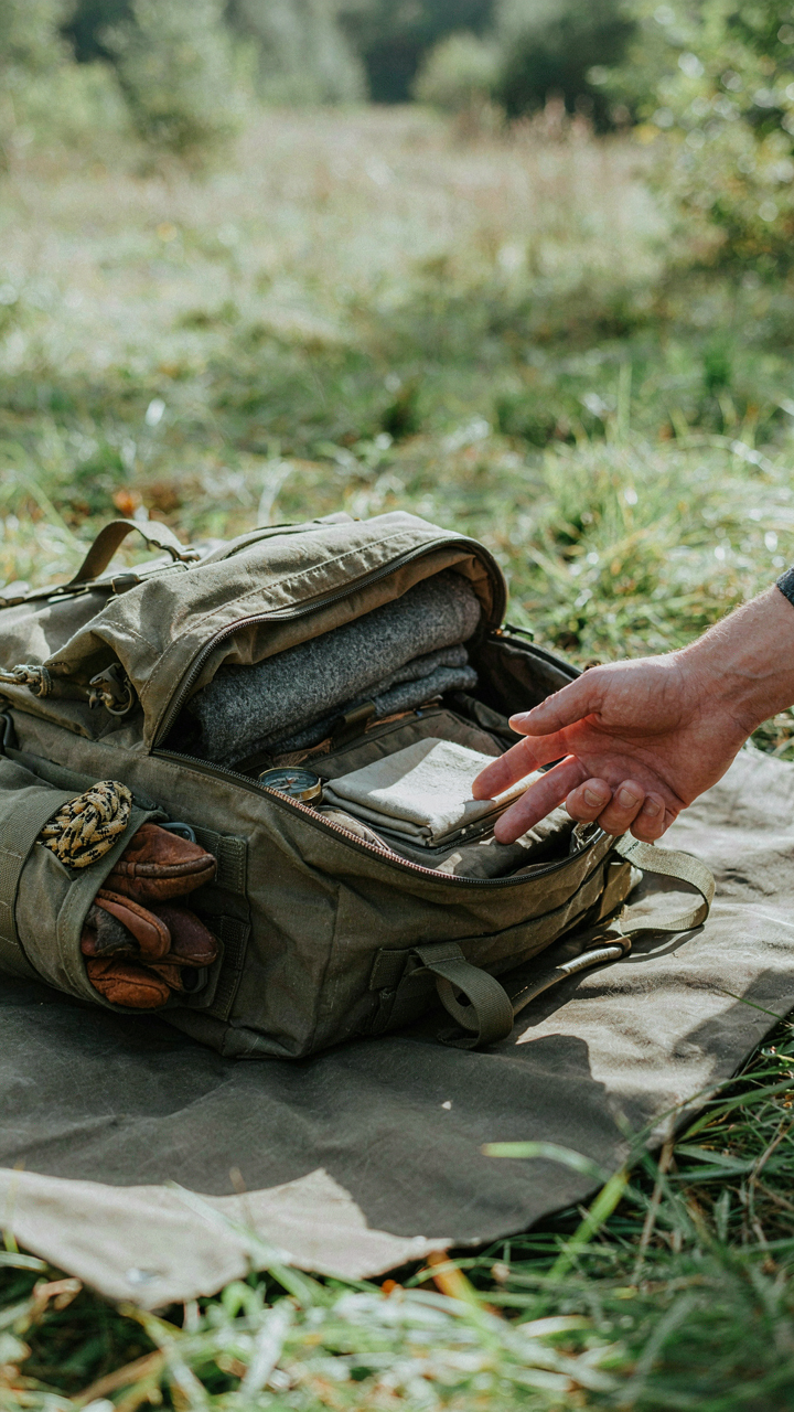 A military rucksack is carefully packed with essential gear on the ground.