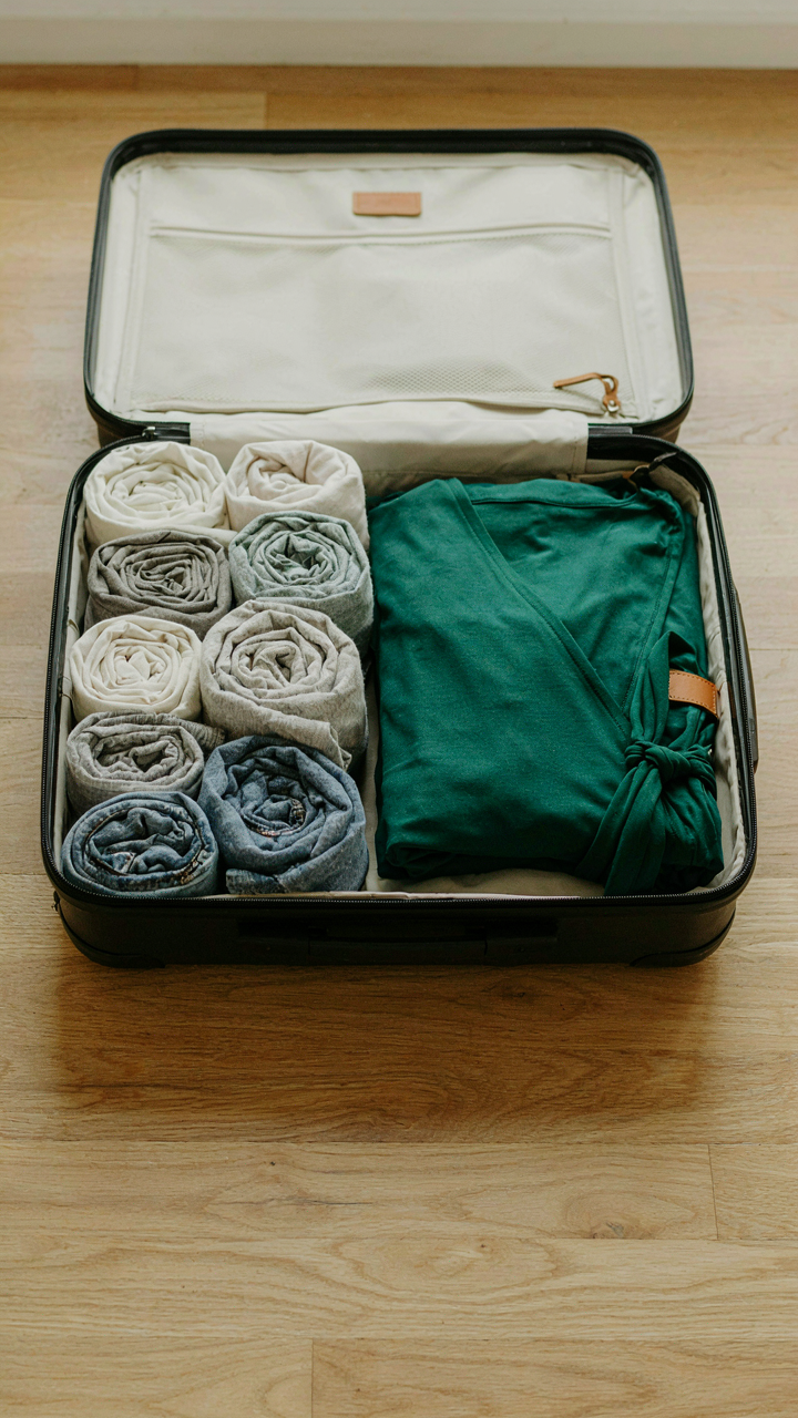 A suitcase shows tightly rolled casual clothes and a neatly folded dress.