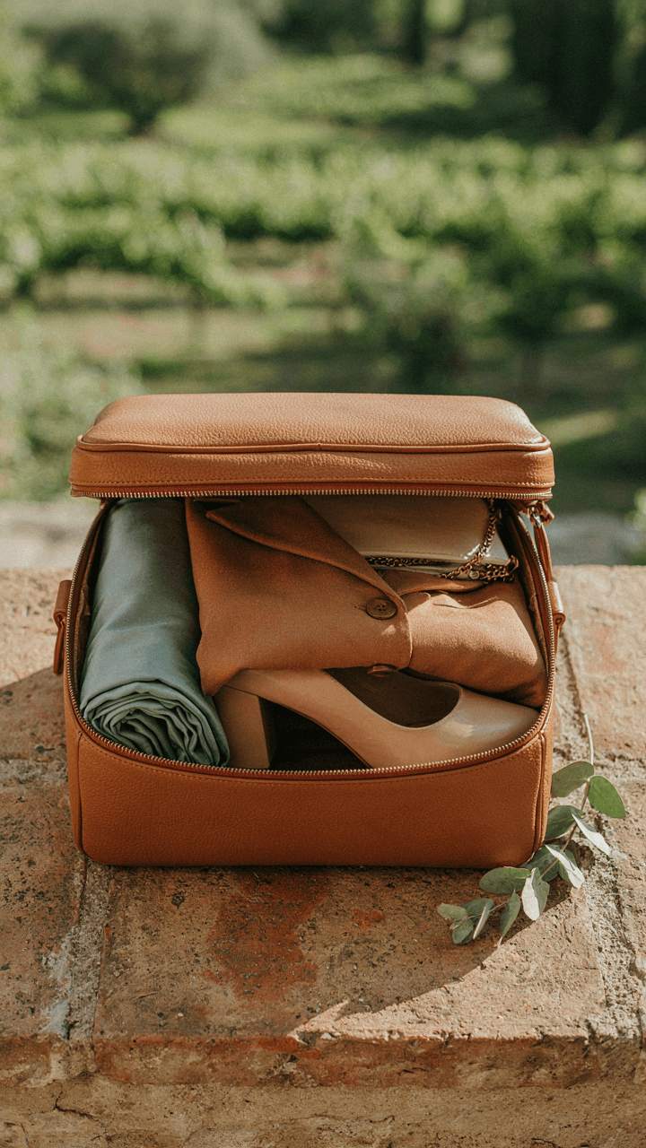 A small bag holds a dress, blazer, heels, and clutch for a vineyard wedding guest outfit.