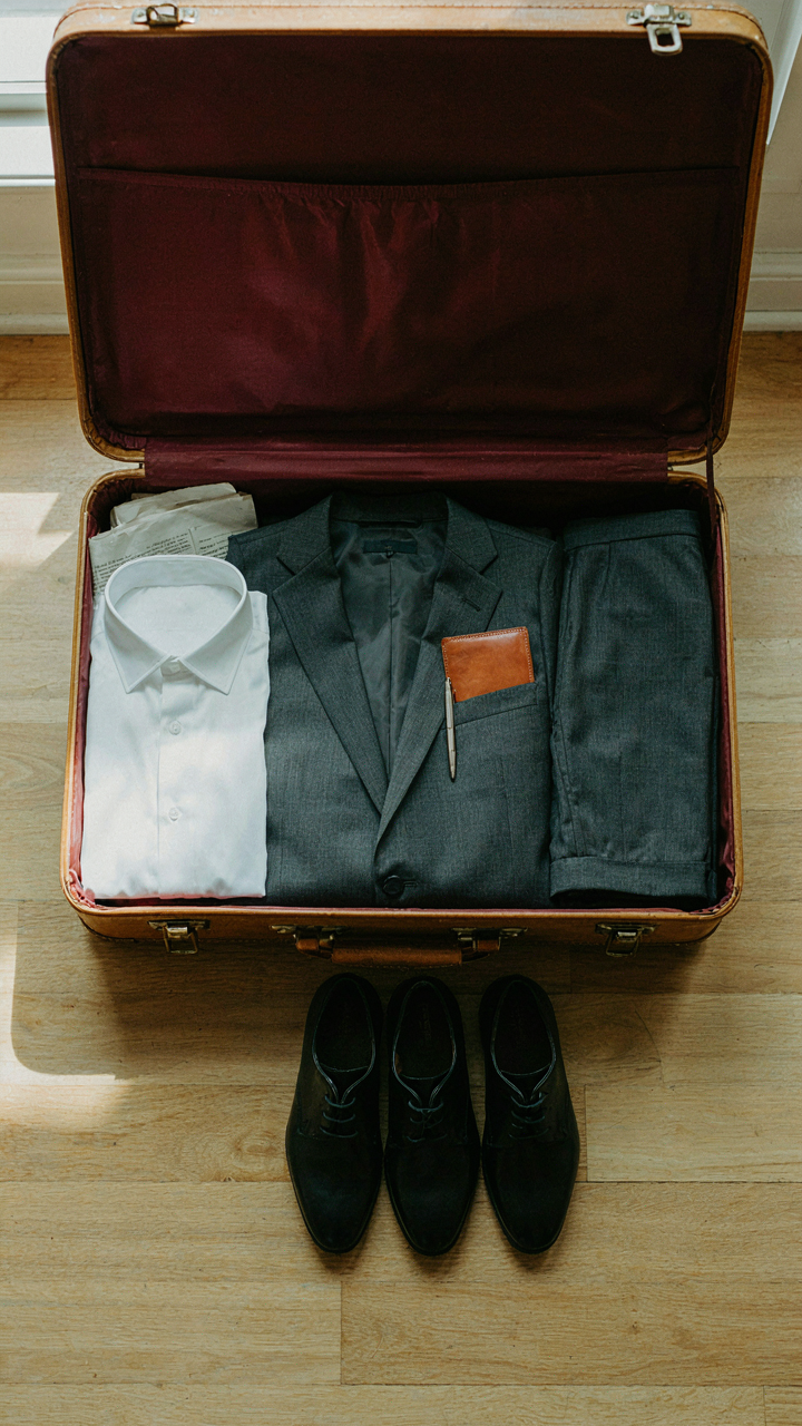 A suit jacket and pants are folded flat in a suitcase, with small items in pockets.