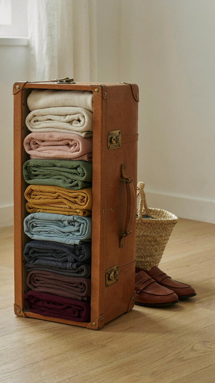 An open suitcase showing clothes neatly rolled and standing upright.
