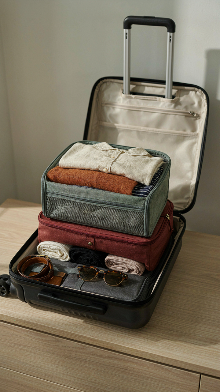 Three packing cubes are neatly stacked inside an open carry-on suitcase.