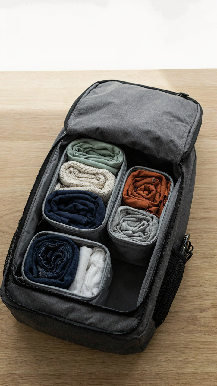 Neatly rolled clothing items are organized in packing cubes within a travel backpack.