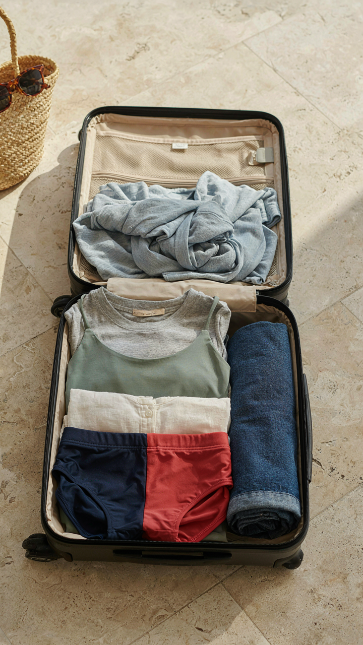 An open suitcase with neatly packed swim bottoms, tops, and shorts.