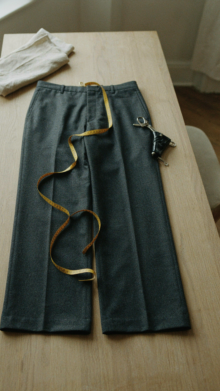 A tailor's tape measure draped over a pair of tailored wide-leg trousers.