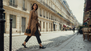 A woman walks down a Parisian street wearing a stylish paris capsule wardrobe.