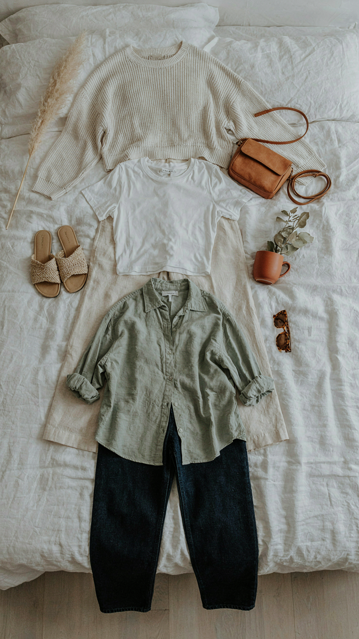 Three outfits with shared bottoms are laid out for a weekend trip.