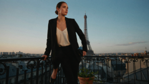 A woman in a tailored black blazer and silk camisole stands on a Parisian balcony at dusk.