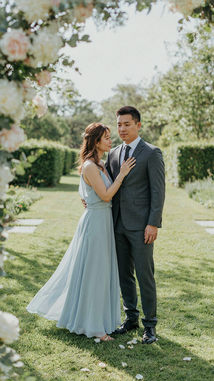 A couple at a wedding poses with contrasting outfits and aligned feet.