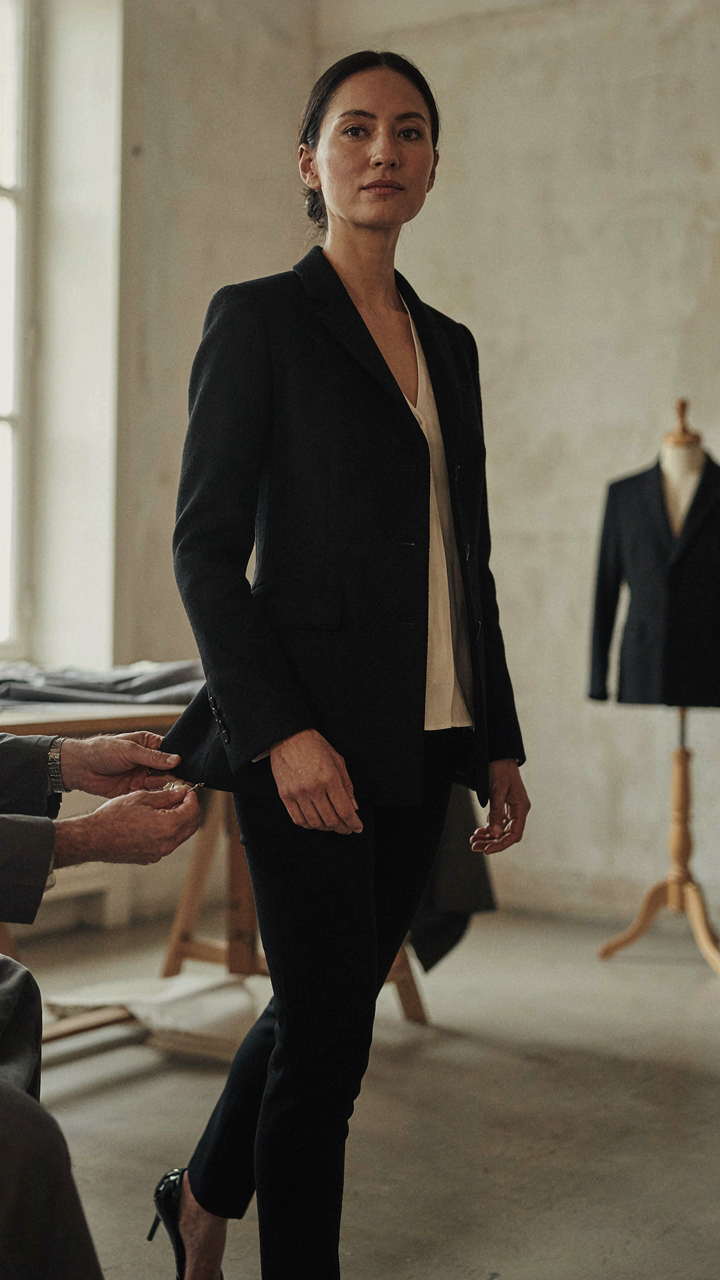 A tailor adjusts the hem of a woman's perfectly fitted blazer.