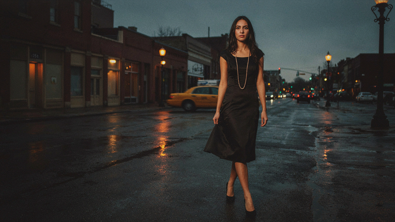 A woman in a black cocktail dress with pearls walks down a city street at dusk.