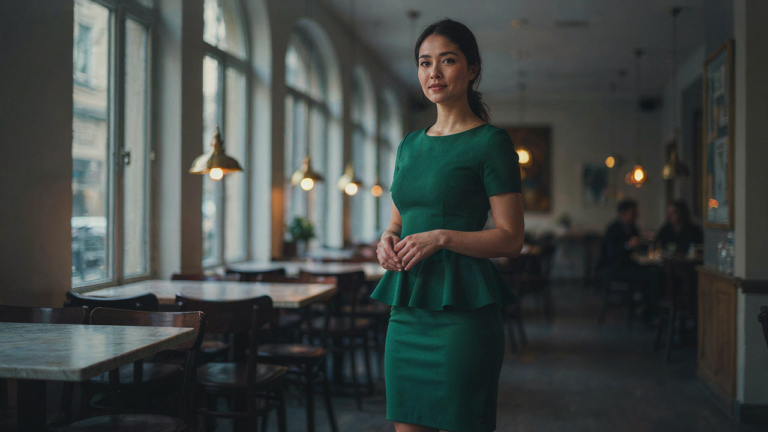 A woman wears an emerald green peplum cocktail dress in a stylish restaurant setting.